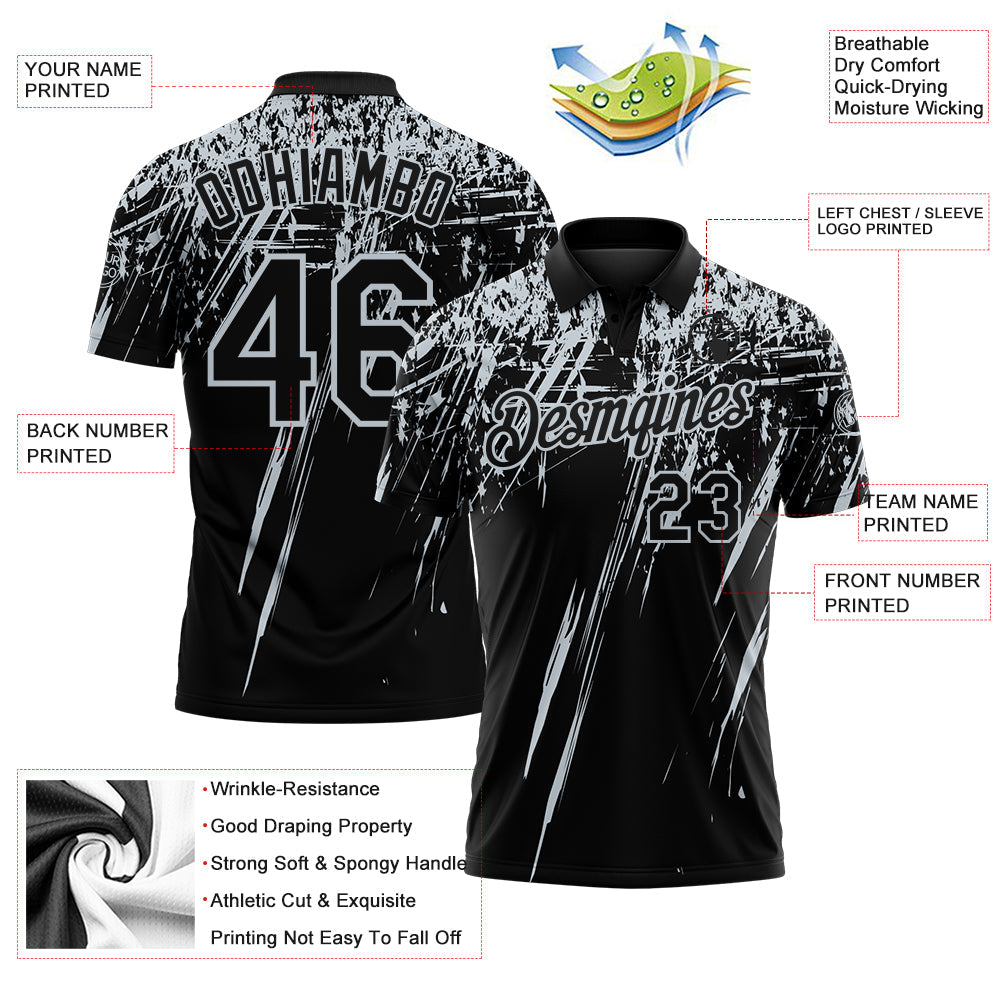 Custom Black-Silver Distressed Scratch Brush Stroke Performance Polo Shirt view 3