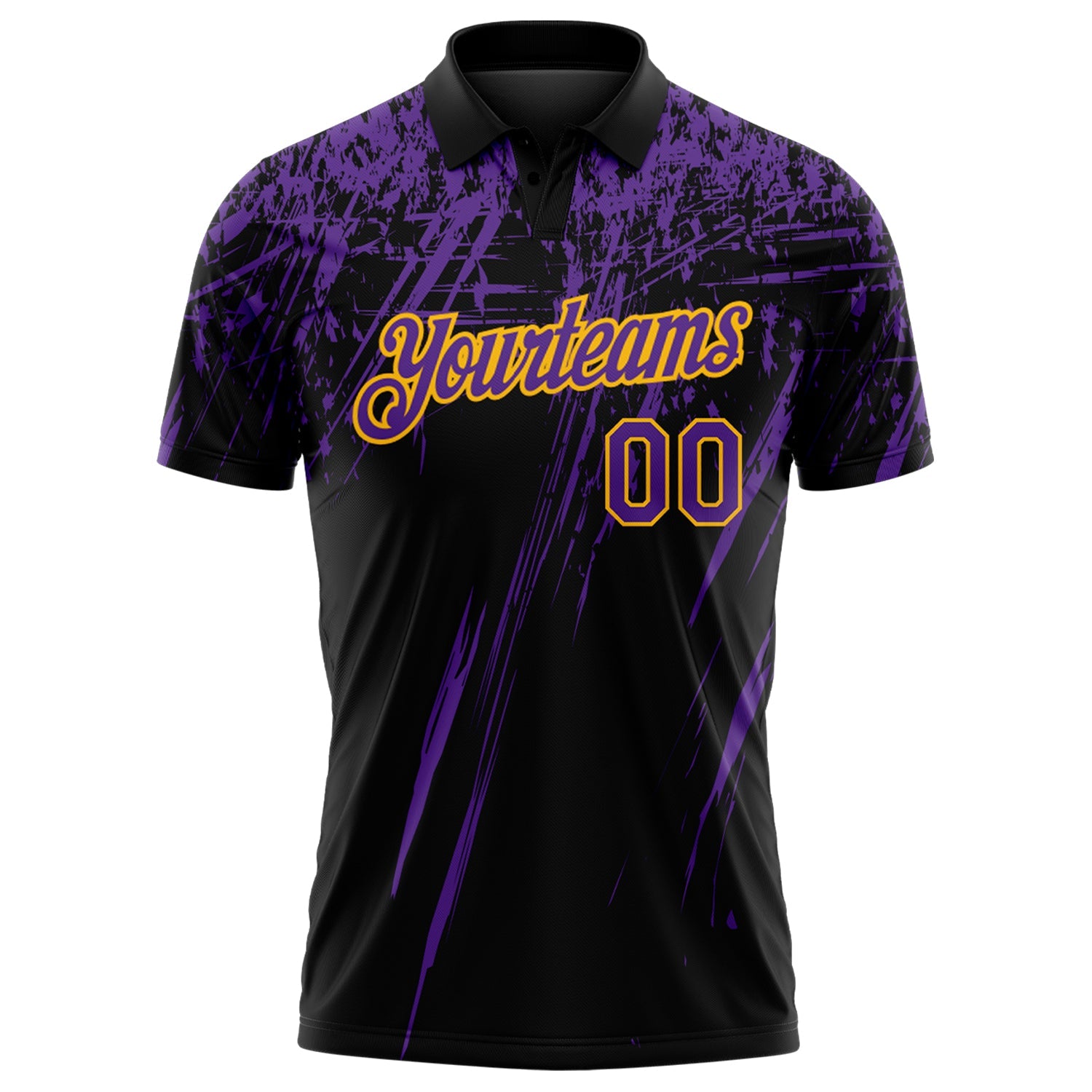 Custom Black Purple-Gold Distressed Scratch Brush Stroke Performance Polo Shirt view 2