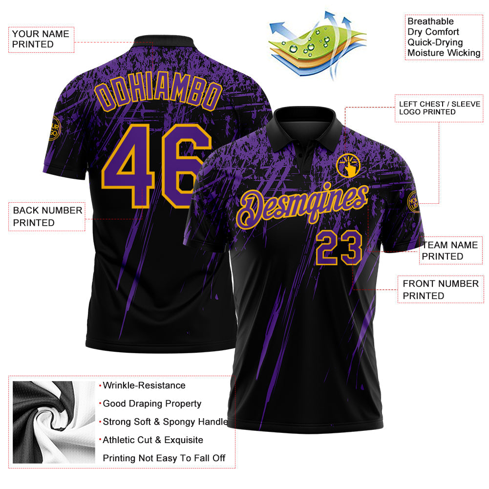 Custom Black Purple-Gold Distressed Scratch Brush Stroke Performance Polo Shirt view 3