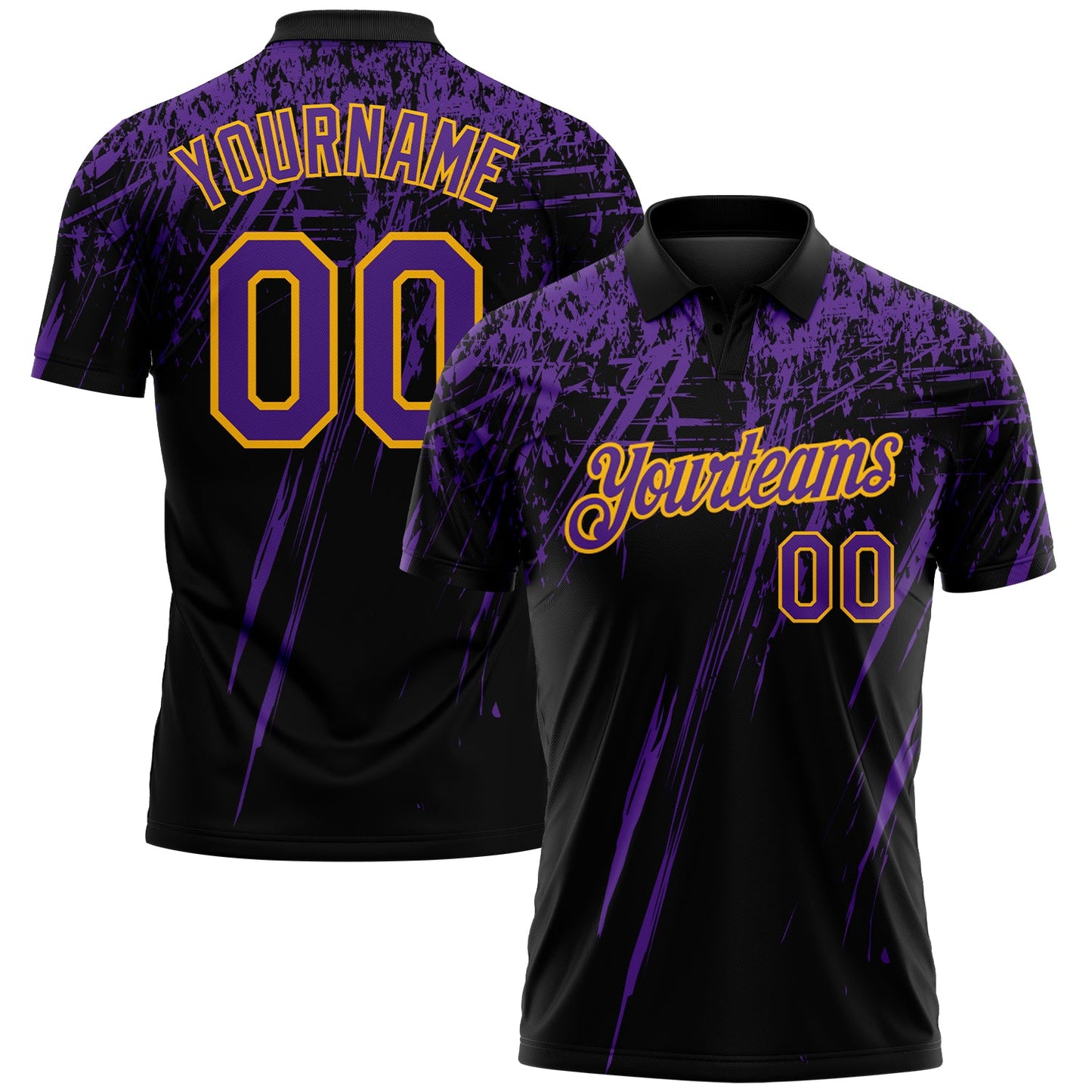 Custom Black Purple-Gold Distressed Scratch Brush Stroke Performance Polo Shirt - Main View