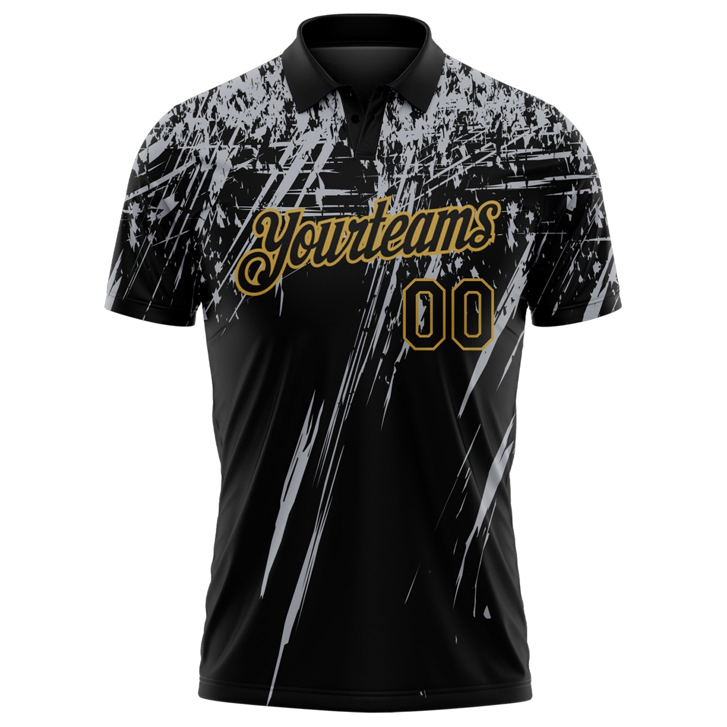 Custom Black Gray-Old Gold Distressed Scratch Brush Stroke Performance Polo Shirt view 2