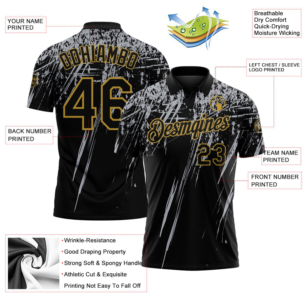 Custom Black Gray-Old Gold Distressed Scratch Brush Stroke Performance Polo Shirt view 3