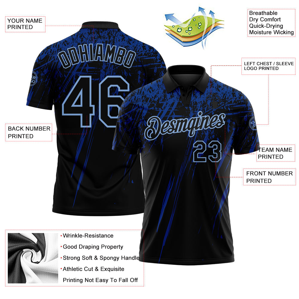 Custom Black Royal-Light Blue Distressed Scratch Brush Stroke Performance Polo Shirt view 3