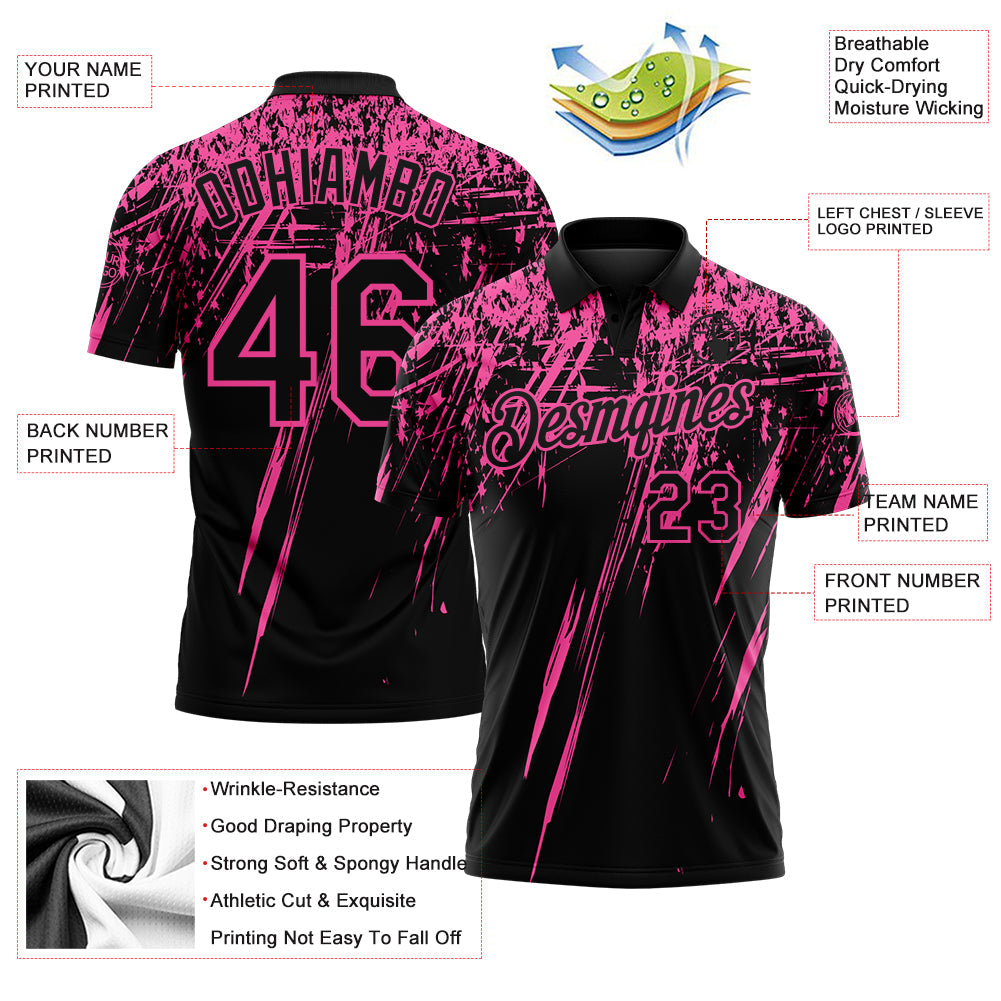 Custom Black-Pink Distressed Scratch Brush Stroke Performance Polo Shirt view 3
