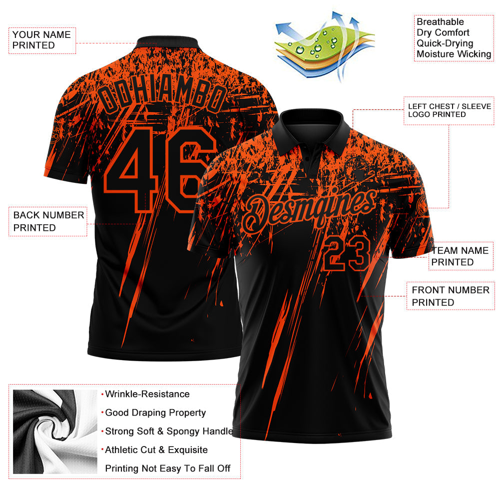 Custom Black-Orange Distressed Scratch Brush Stroke Performance Polo Shirt view 3
