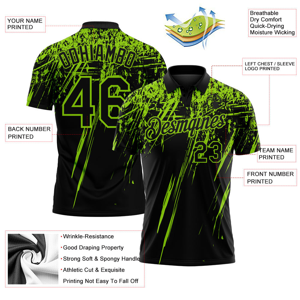Custom Black-Neon Green Distressed Scratch Brush Stroke Performance Polo Shirt view 3