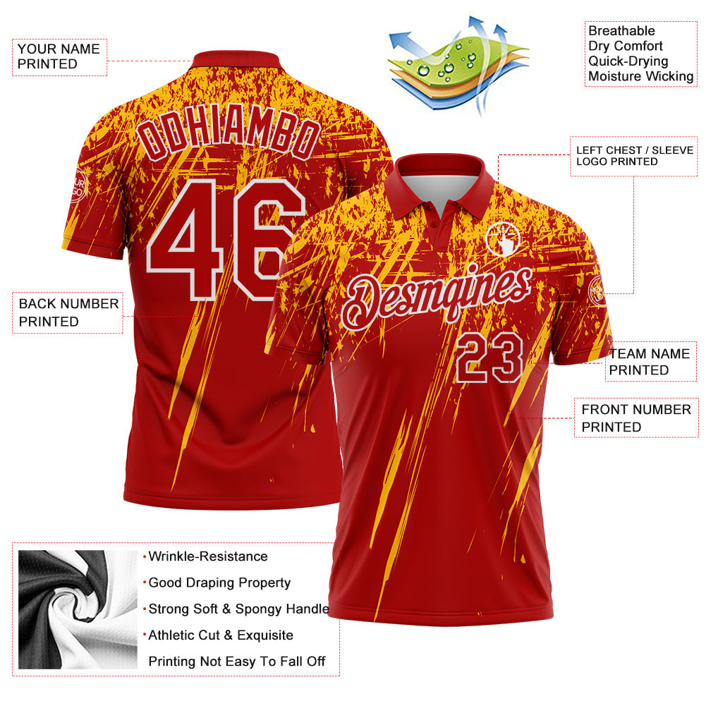 Custom Red Gold-White Distressed Scratch Brush Stroke Performance Polo Shirt view 3