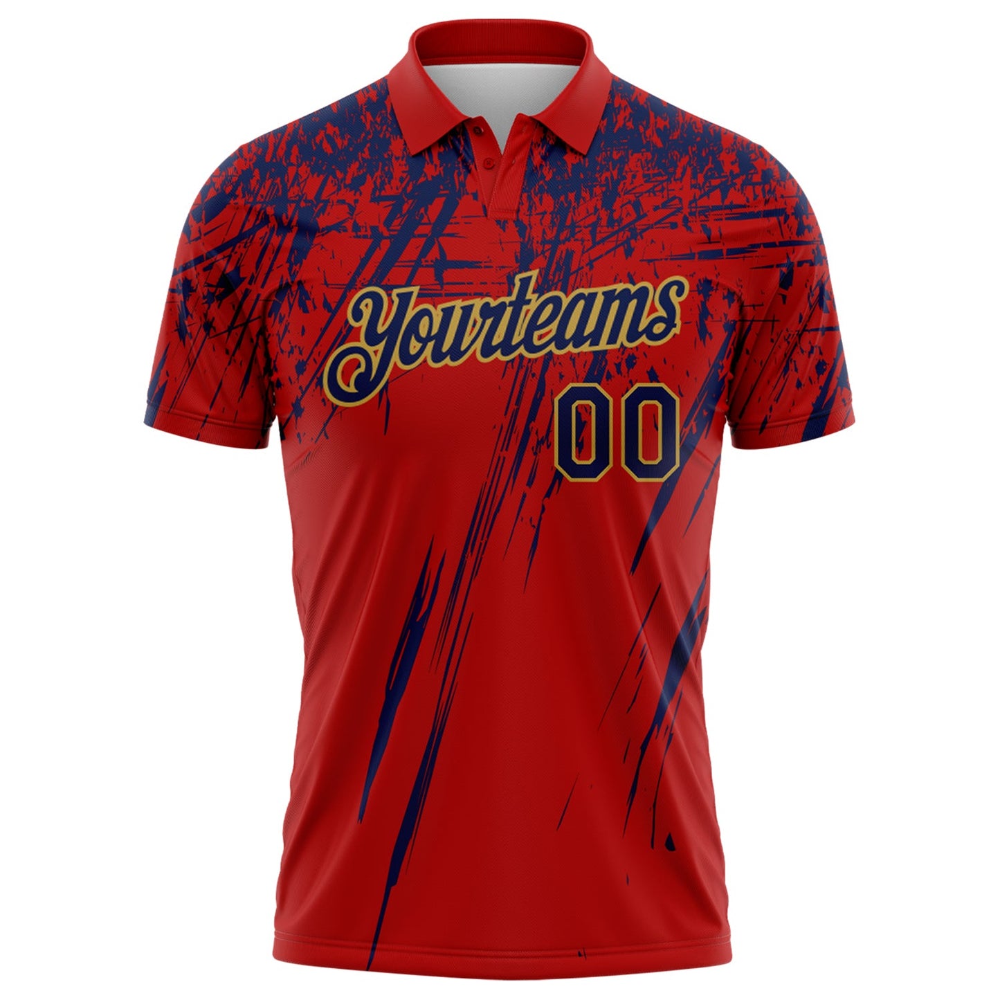 Custom Red Navy-Old Gold Distressed Scratch Brush Stroke Performance Polo Shirt view 2