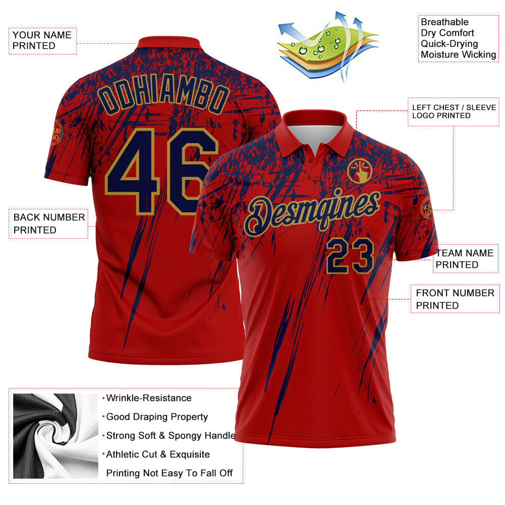 Custom Red Navy-Old Gold Distressed Scratch Brush Stroke Performance Polo Shirt view 3