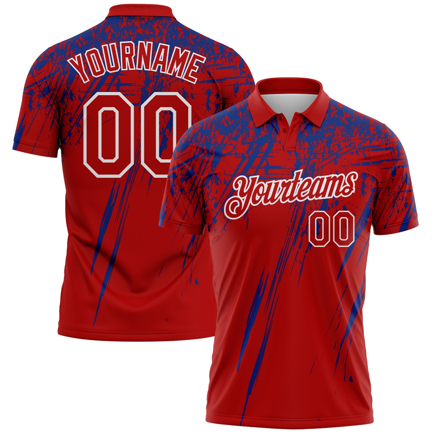 Custom Red Royal-White Distressed Scratch Brush Stroke Performance Polo Shirt - Main View