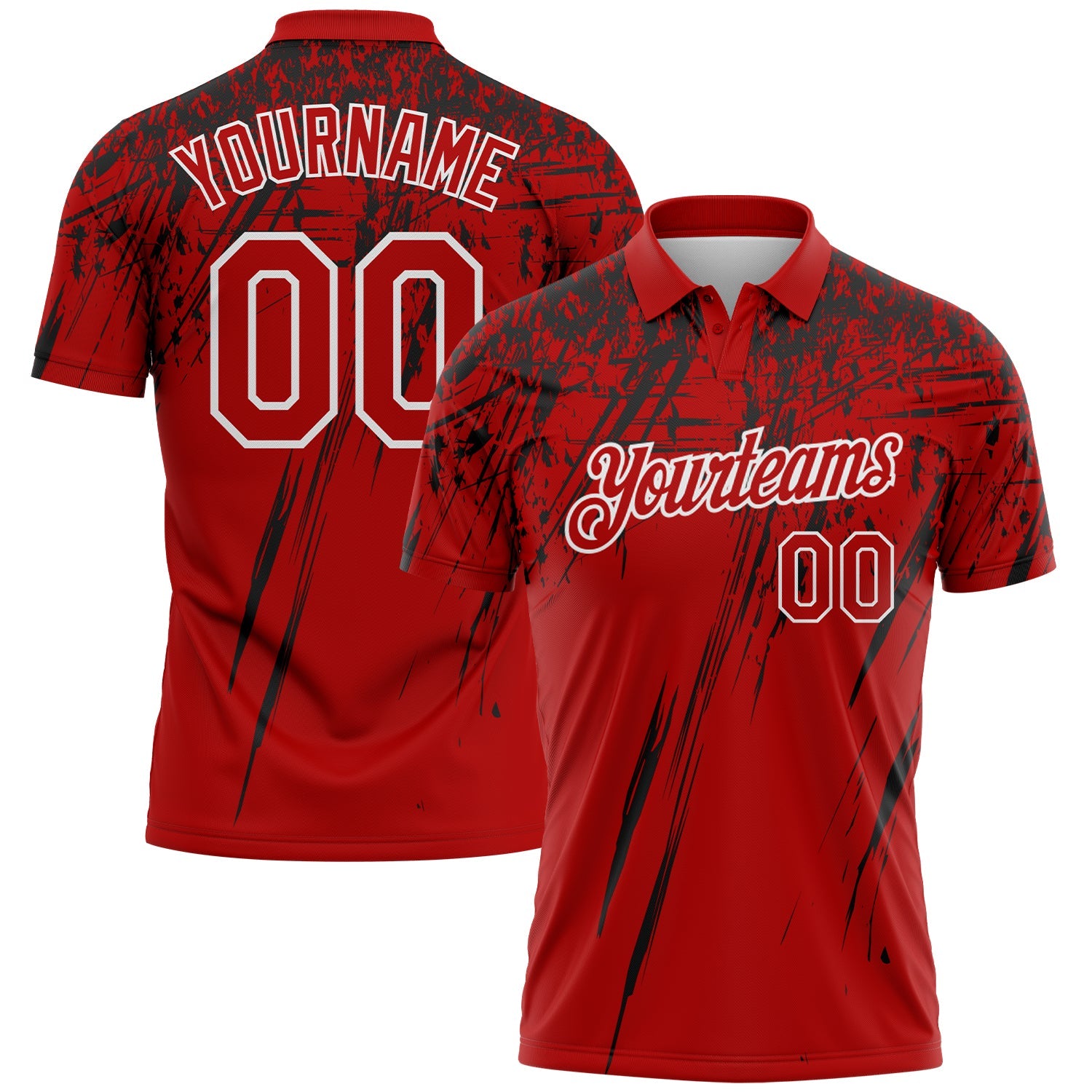 Custom Red Black-White Distressed Scratch Brush Stroke Performance Polo Shirt - Main View