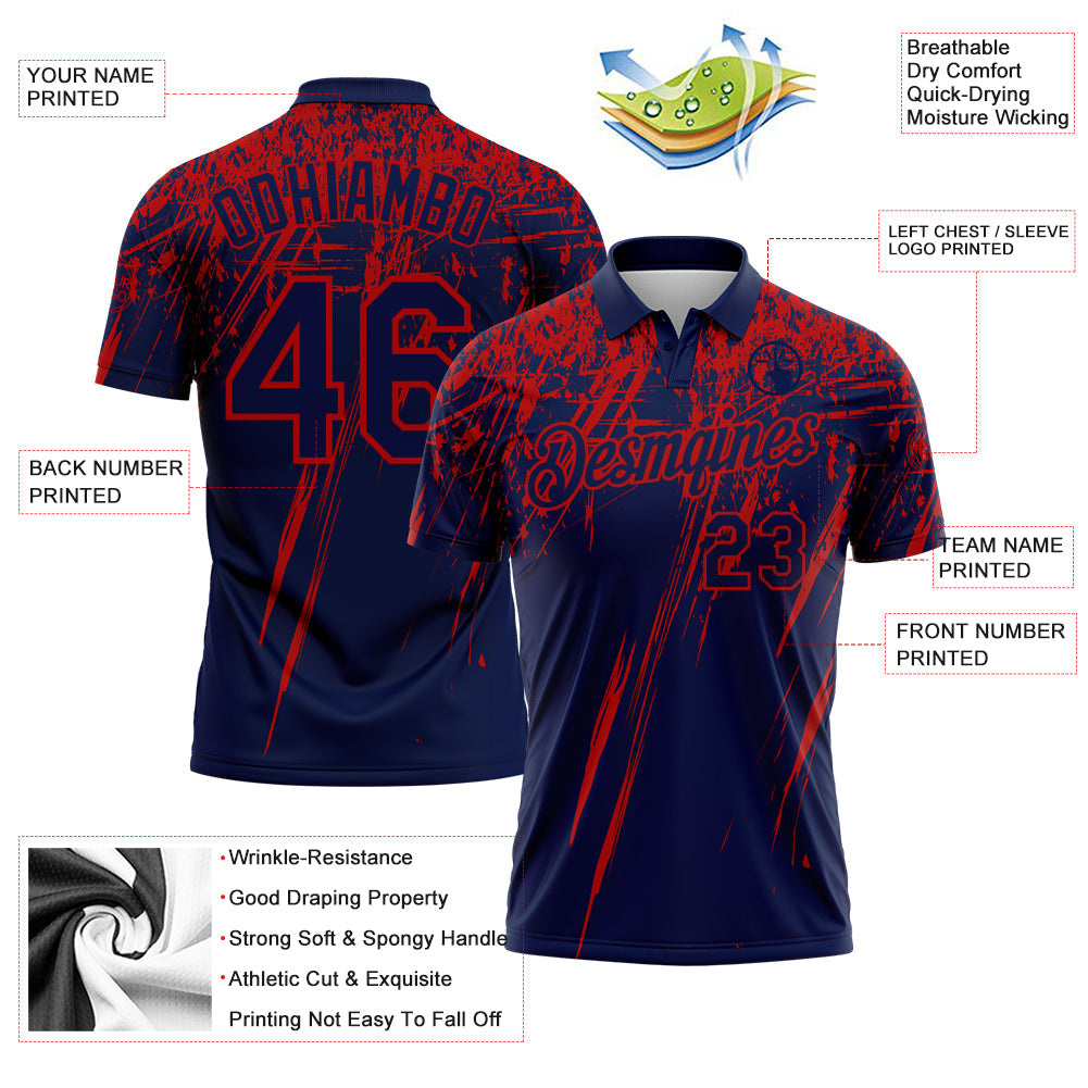 Custom Navy-Red Distressed Scratch Brush Stroke Performance Polo Shirt view 3