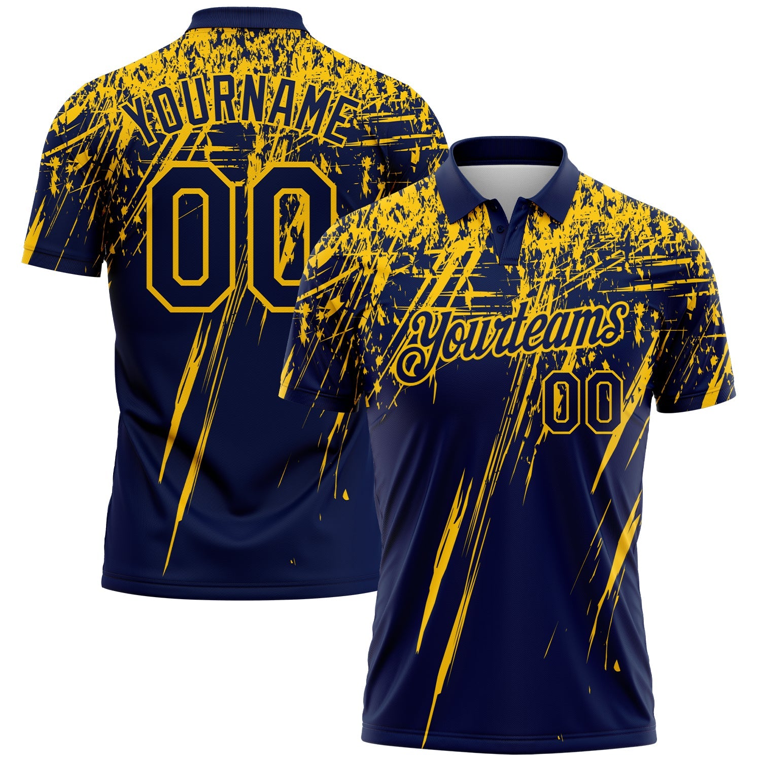 Custom Navy-Yellow Distressed Scratch Brush Stroke Performance Polo Shirt - Main View