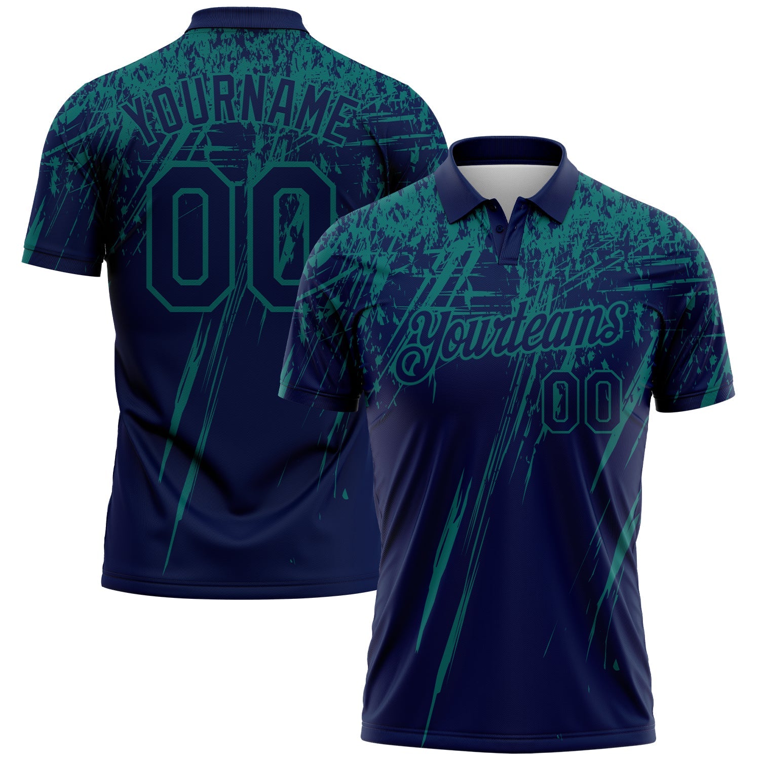 Custom Navy-Teal Distressed Scratch Brush Stroke Performance Polo Shirt - Main View