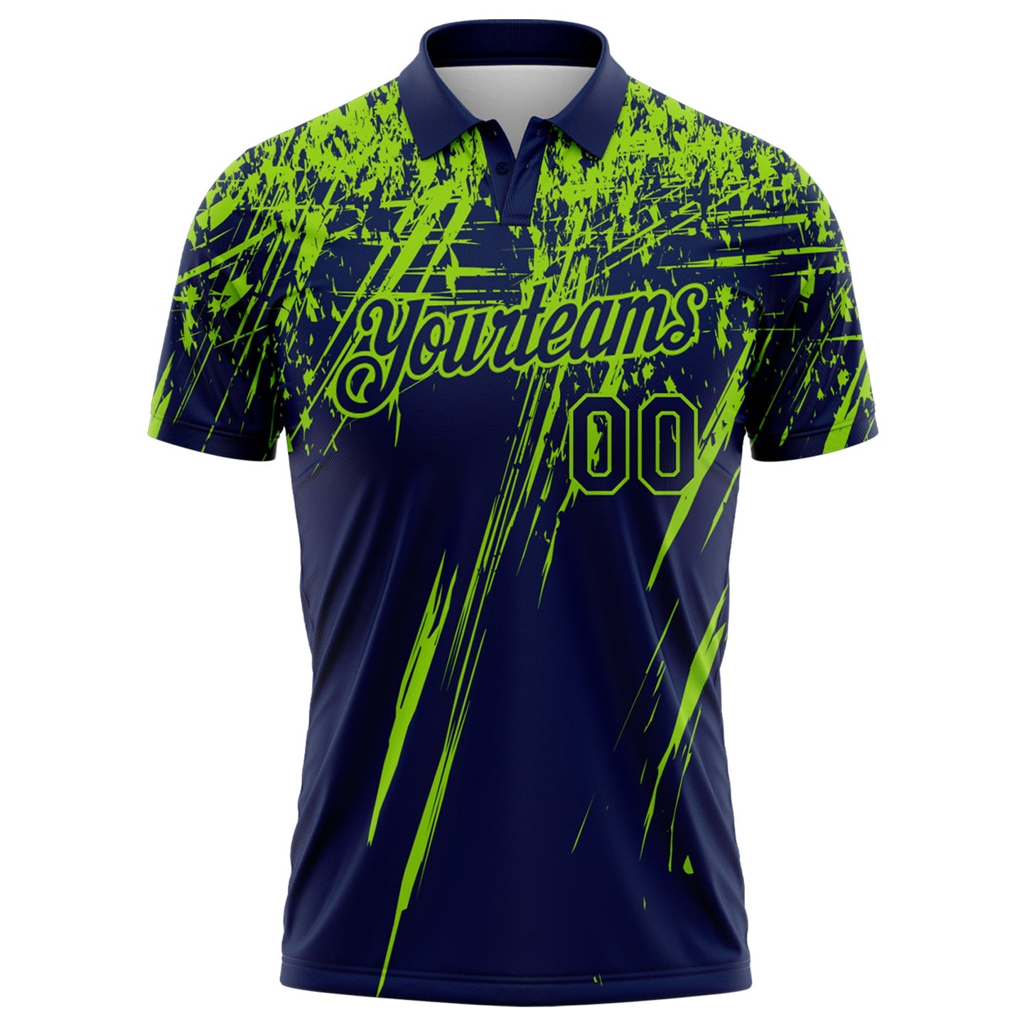 Custom Navy-Neon Green Distressed Scratch Brush Stroke Performance Polo Shirt view 2
