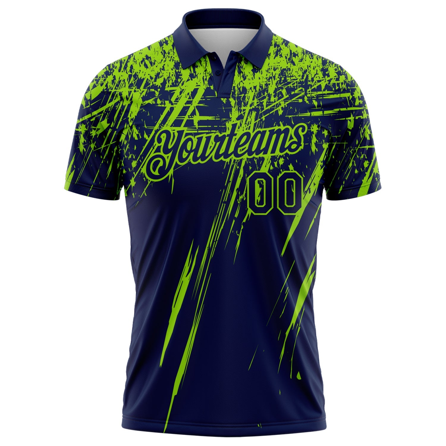 Custom Navy-Neon Green Distressed Scratch Brush Stroke Performance Polo Shirt view 2