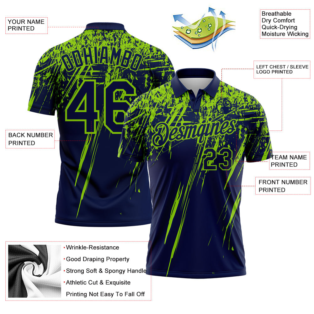 Custom Navy-Neon Green Distressed Scratch Brush Stroke Performance Polo Shirt view 3