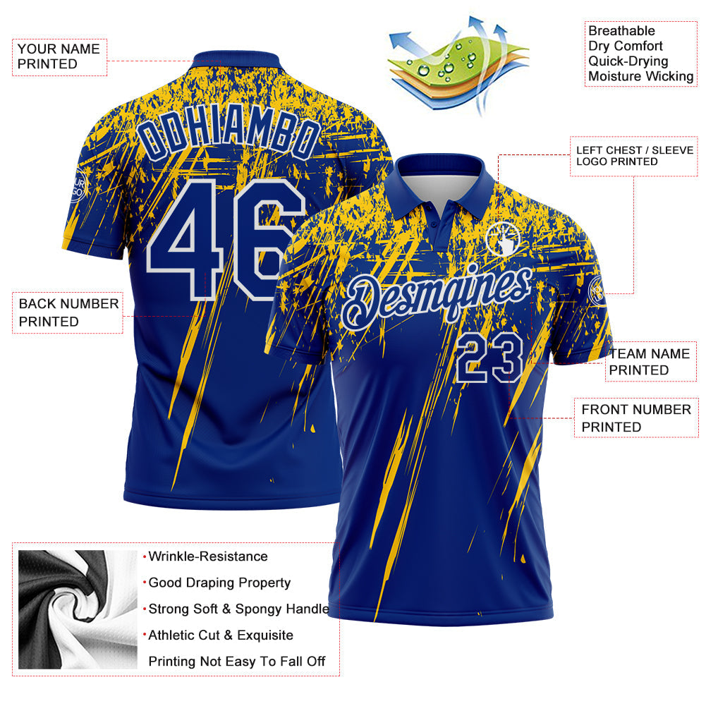 Custom Royal Yellow-White Distressed Scratch Brush Stroke Performance Polo Shirt view 3
