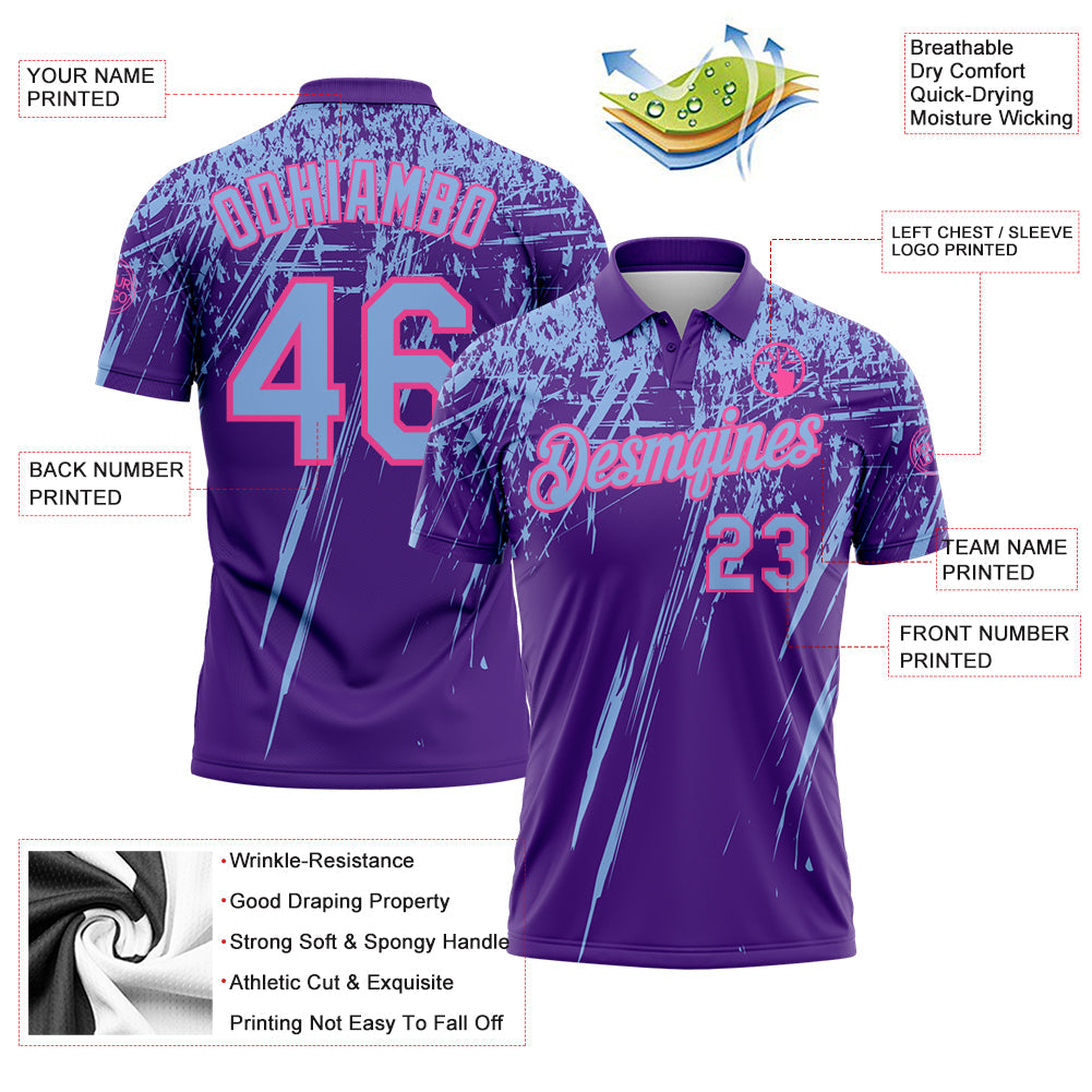 Custom Purple Light Blue-Pink Distressed Scratch Brush Stroke Performance Polo Shirt view 3