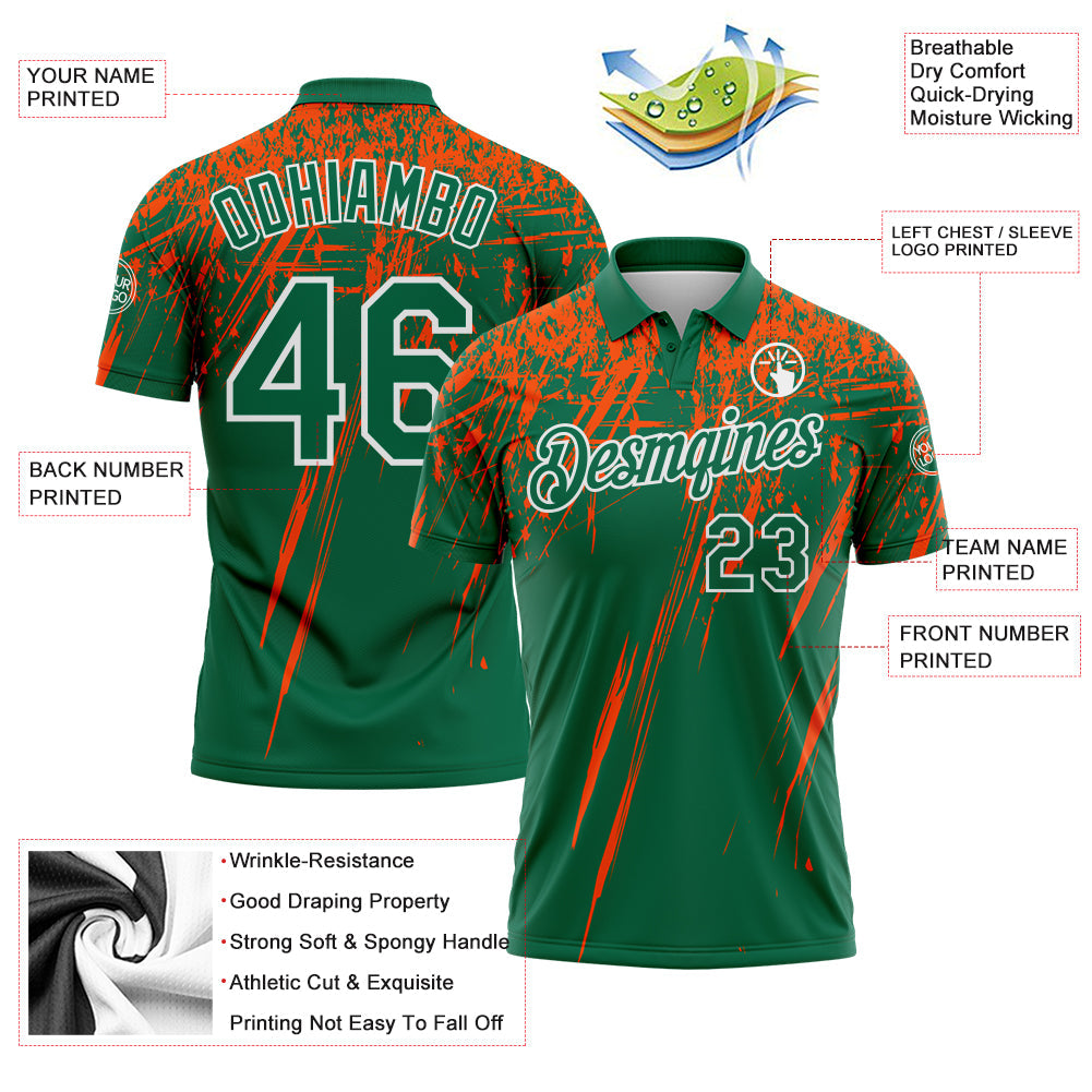 Custom Kelly Green Orange-White Distressed Scratch Brush Stroke Performance Polo Shirt view 3
