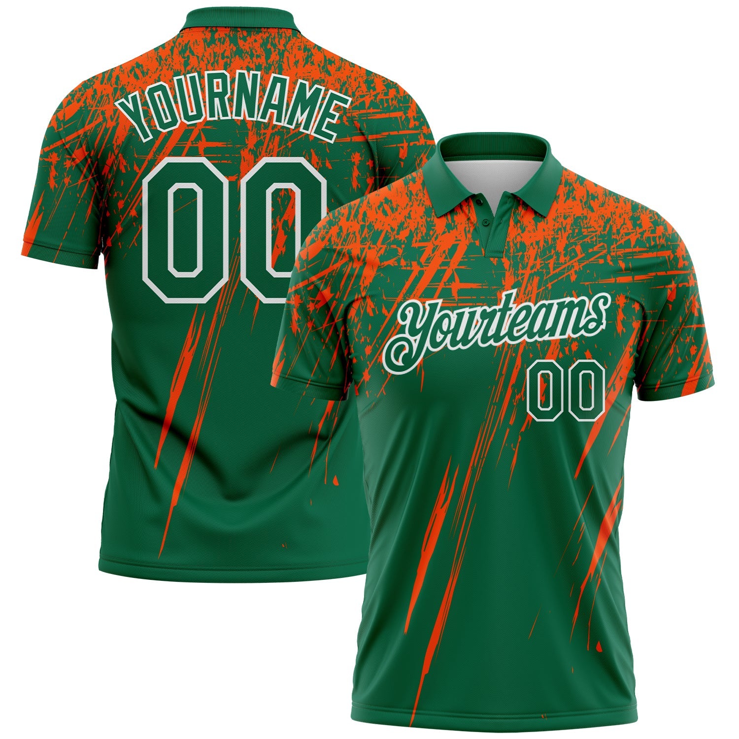 Custom Kelly Green Orange-White Distressed Scratch Brush Stroke Performance Polo Shirt - Main View