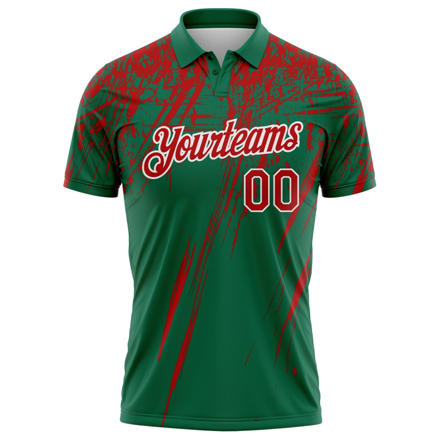 Custom Kelly Green Red-White Distressed Scratch Brush Stroke Performance Polo Shirt view 2