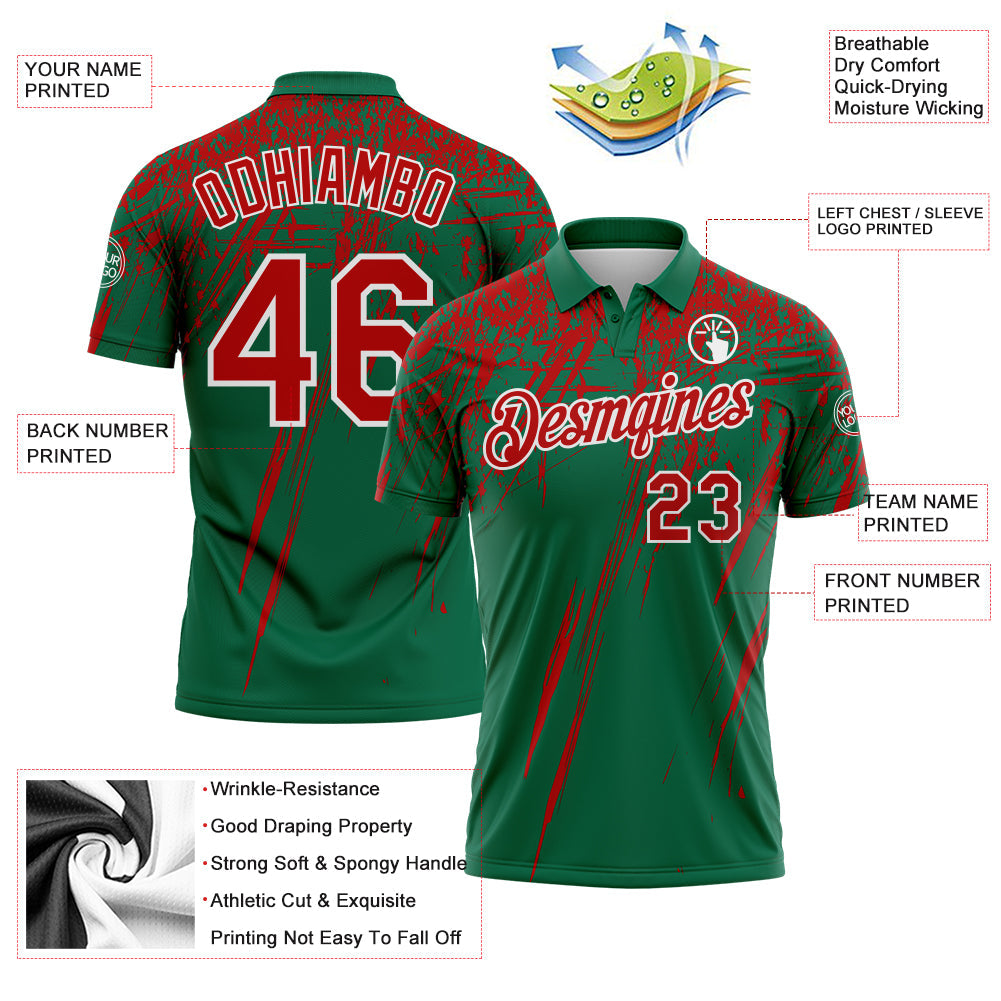 Custom Kelly Green Red-White Distressed Scratch Brush Stroke Performance Polo Shirt view 3