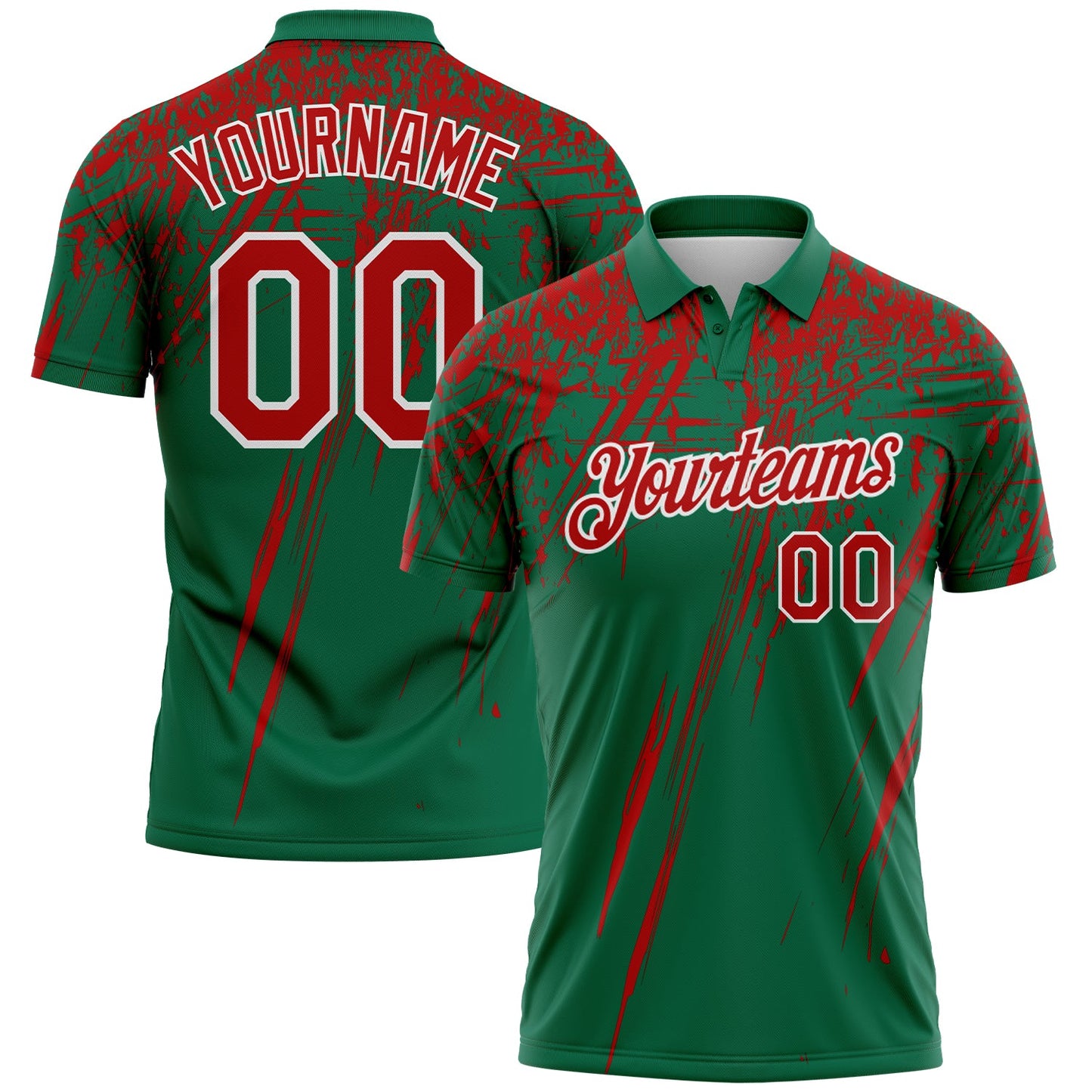 Custom Kelly Green Red-White Distressed Scratch Brush Stroke Performance Polo Shirt - Main View