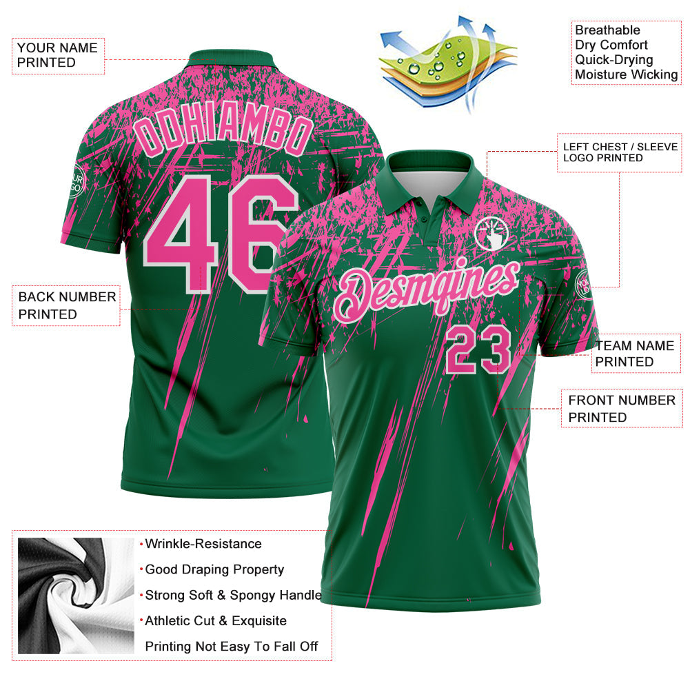 Custom Kelly Green Pink-White Distressed Scratch Brush Stroke Performance Polo Shirt view 3