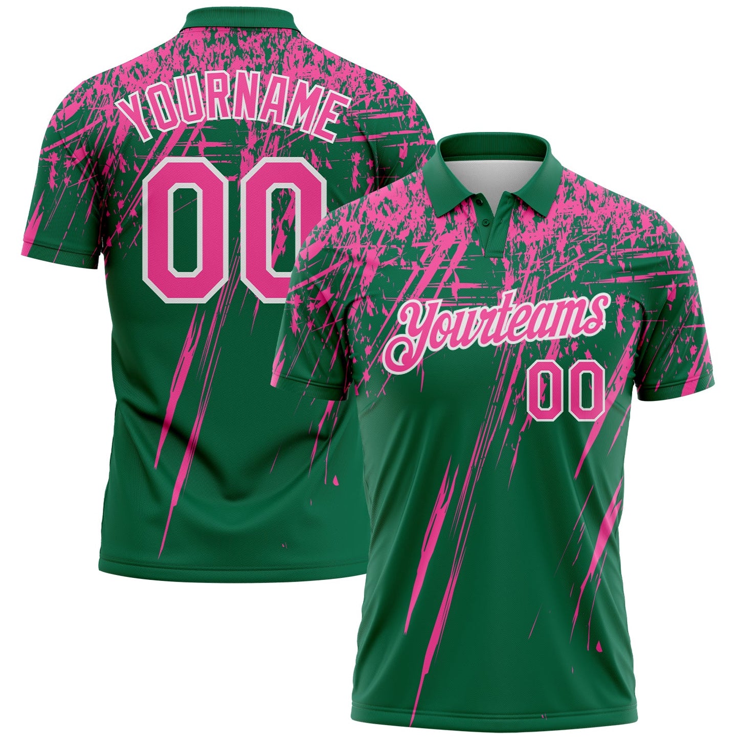Custom Kelly Green Pink-White Distressed Scratch Brush Stroke Performance Polo Shirt - Main View
