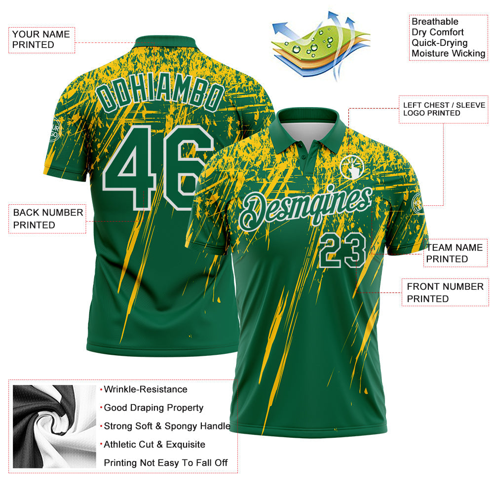 Custom Kelly Green Yellow-White Distressed Scratch Brush Stroke Performance Polo Shirt view 3
