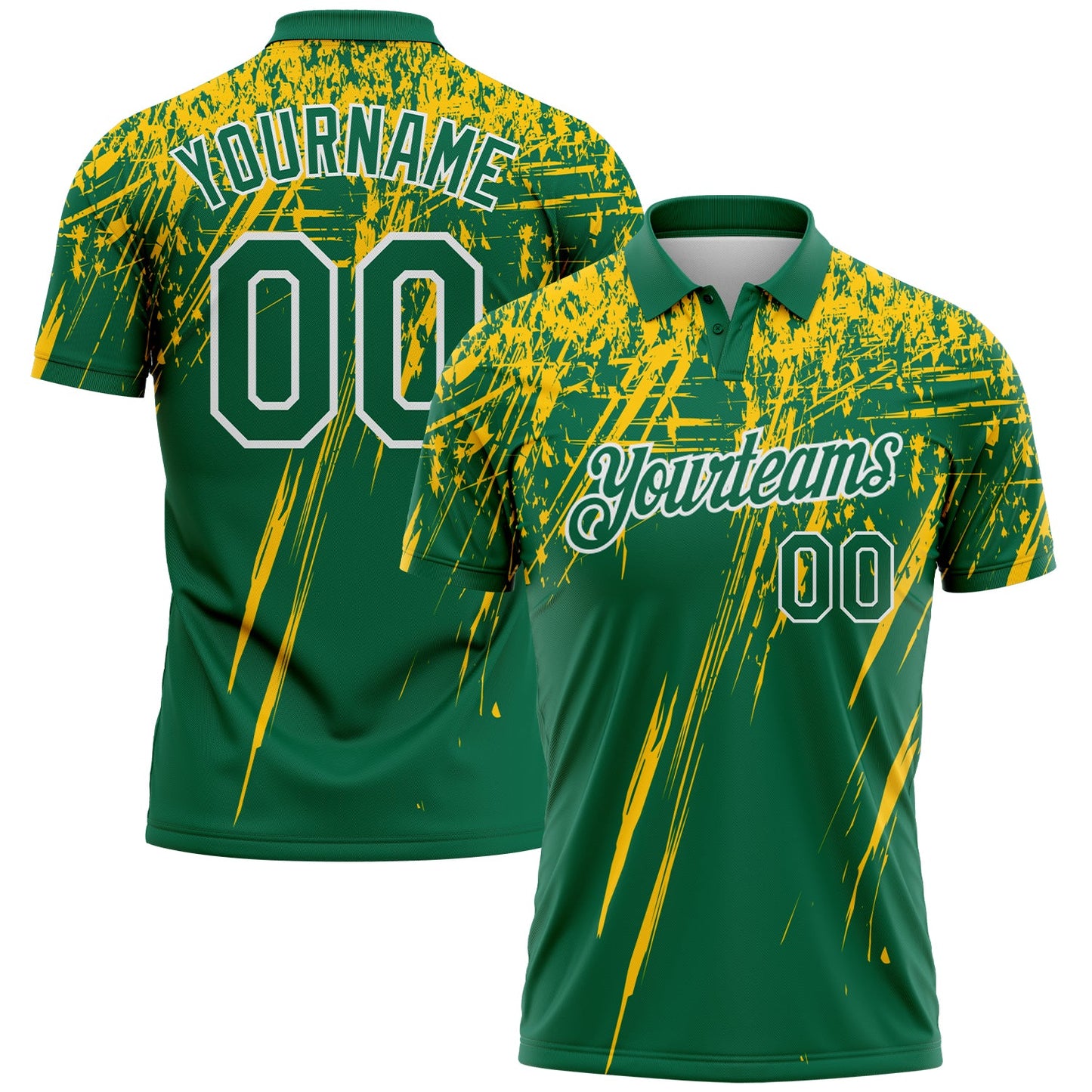 Custom Kelly Green Yellow-White Distressed Scratch Brush Stroke Performance Polo Shirt - Main View