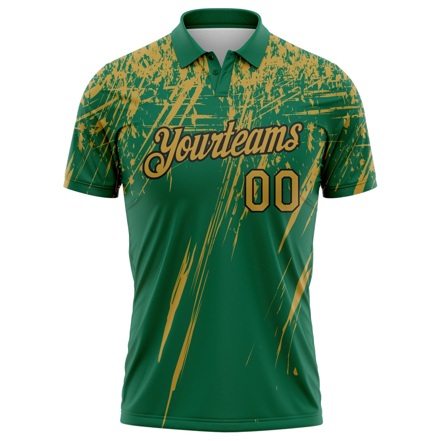Custom Kelly Green Old Gold-Black Distressed Scratch Brush Stroke Performance Polo Shirt view 2