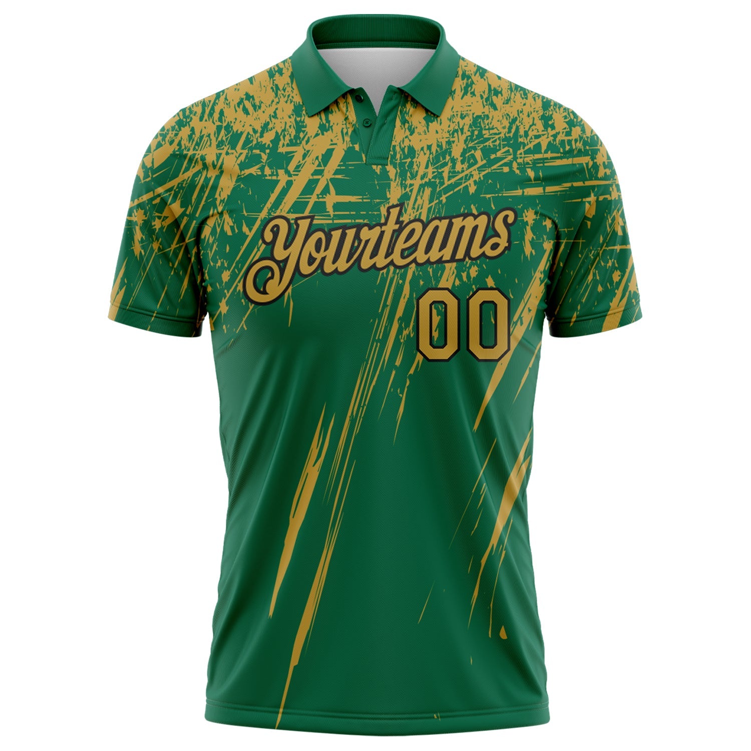 Custom Kelly Green Old Gold-Black Distressed Scratch Brush Stroke Performance Polo Shirt view 2