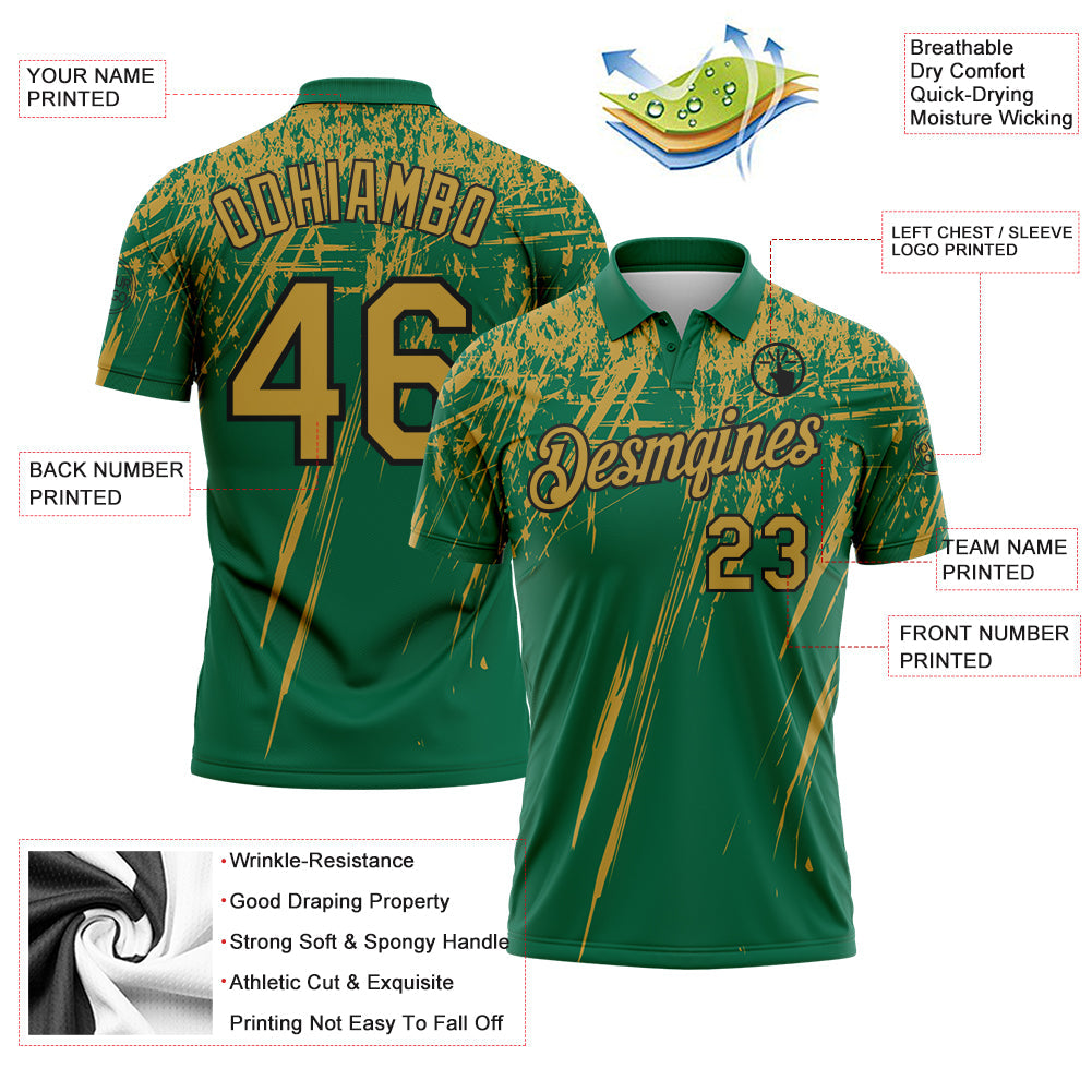Custom Kelly Green Old Gold-Black Distressed Scratch Brush Stroke Performance Polo Shirt view 3