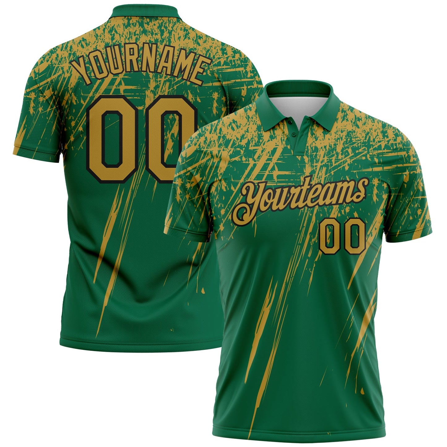 Custom Kelly Green Old Gold-Black Distressed Scratch Brush Stroke Performance Polo Shirt - Main View