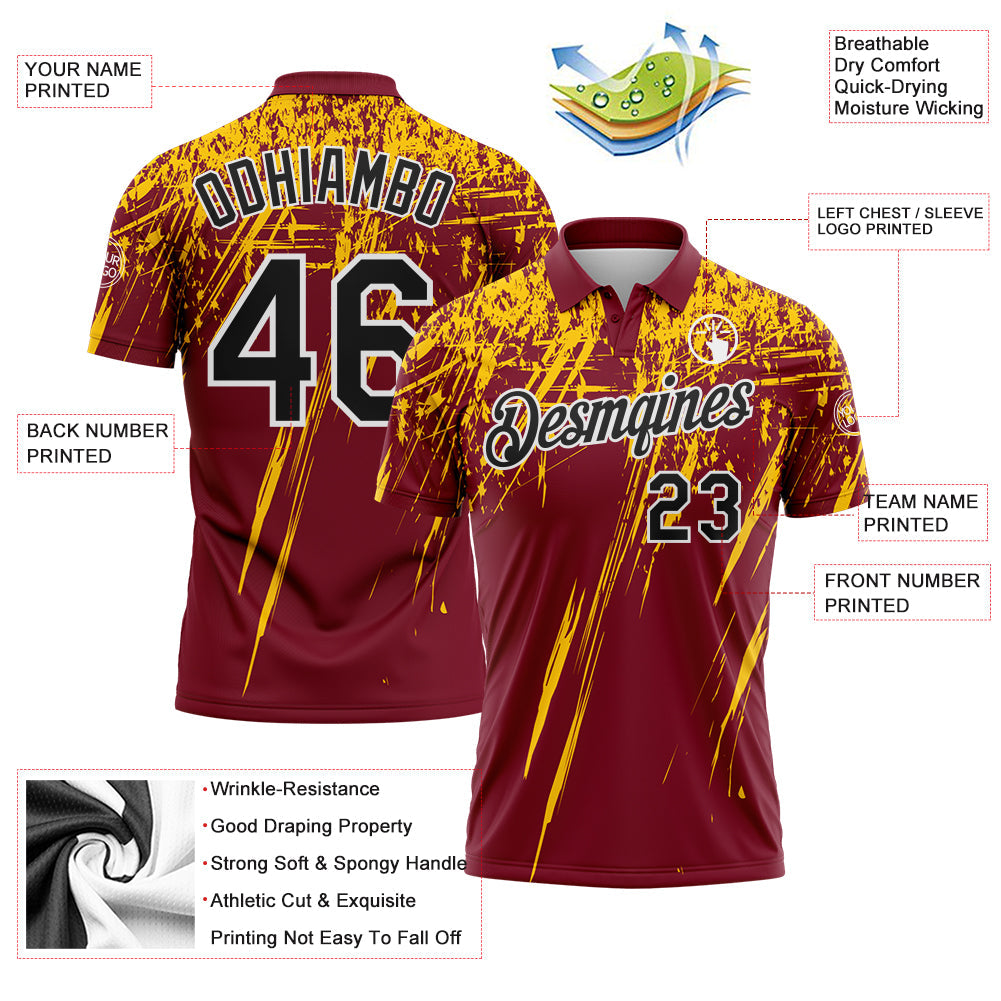 Custom Crimson Black Yellow-White Distressed Scratch Brush Stroke Performance Polo Shirt view 3