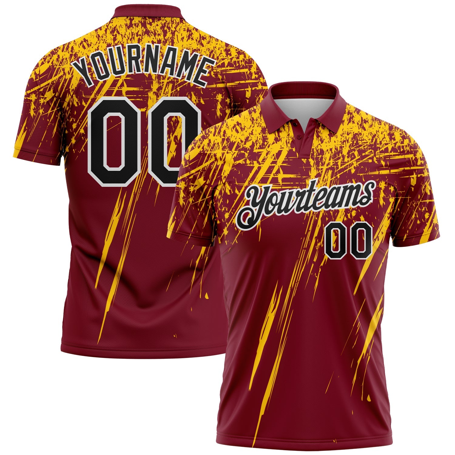 Custom Crimson Black Yellow-White Distressed Scratch Brush Stroke Performance Polo Shirt - Main View