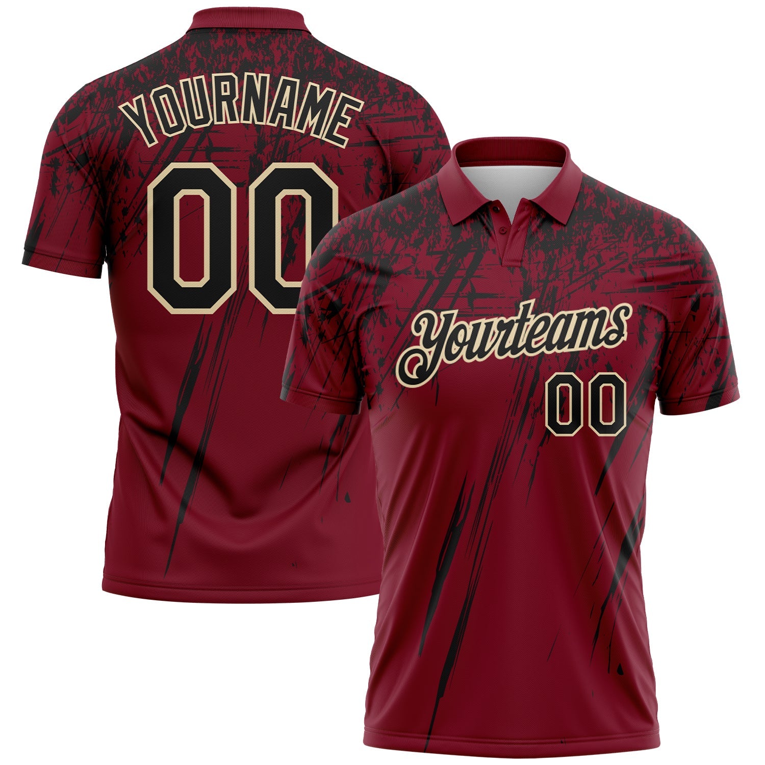 Custom Crimson Black-Cream Distressed Scratch Brush Stroke Performance Polo Shirt - Main View
