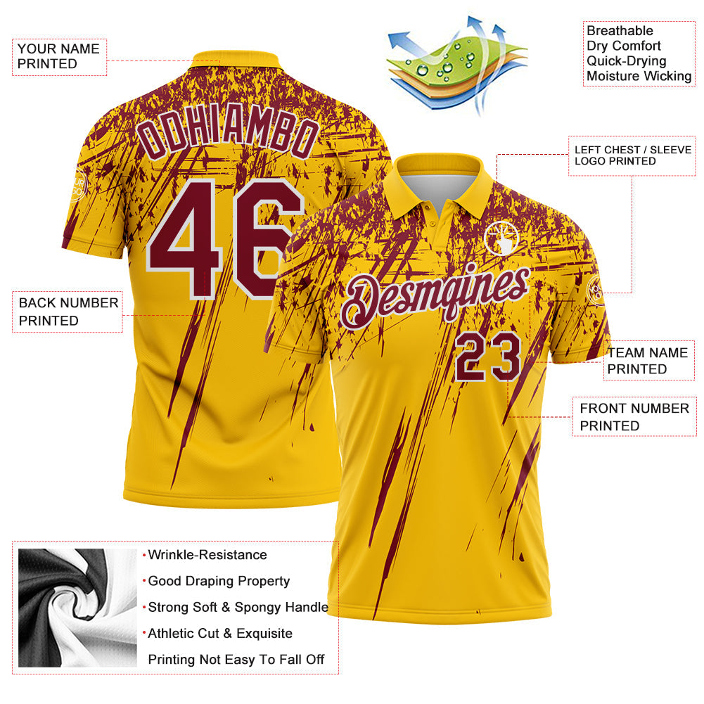 Custom Yellow Crimson-White Distressed Scratch Brush Stroke Performance Polo Shirt view 3
