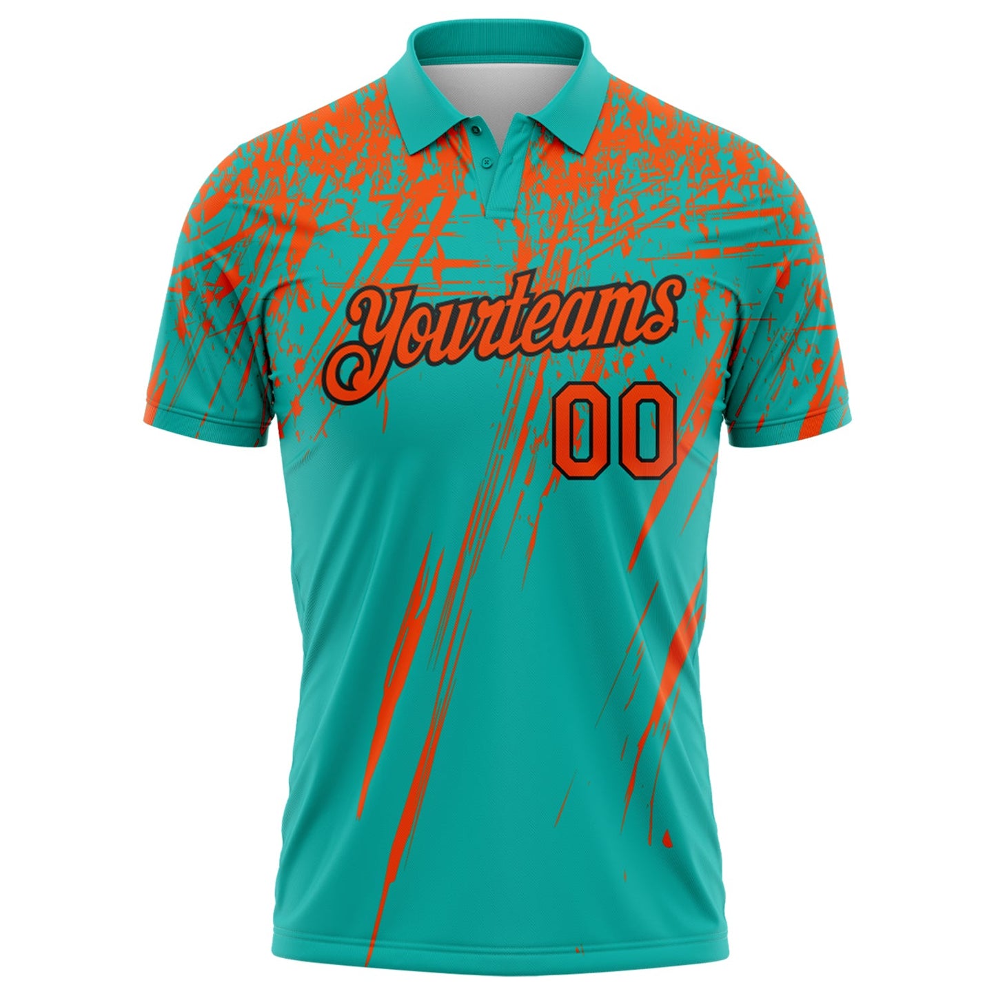 Custom Aqua Orange-Black Distressed Scratch Brush Stroke Performance Polo Shirt view 2