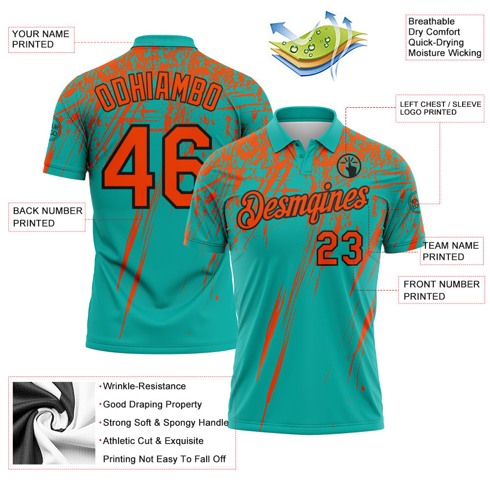 Custom Aqua Orange-Black Distressed Scratch Brush Stroke Performance Polo Shirt view 3