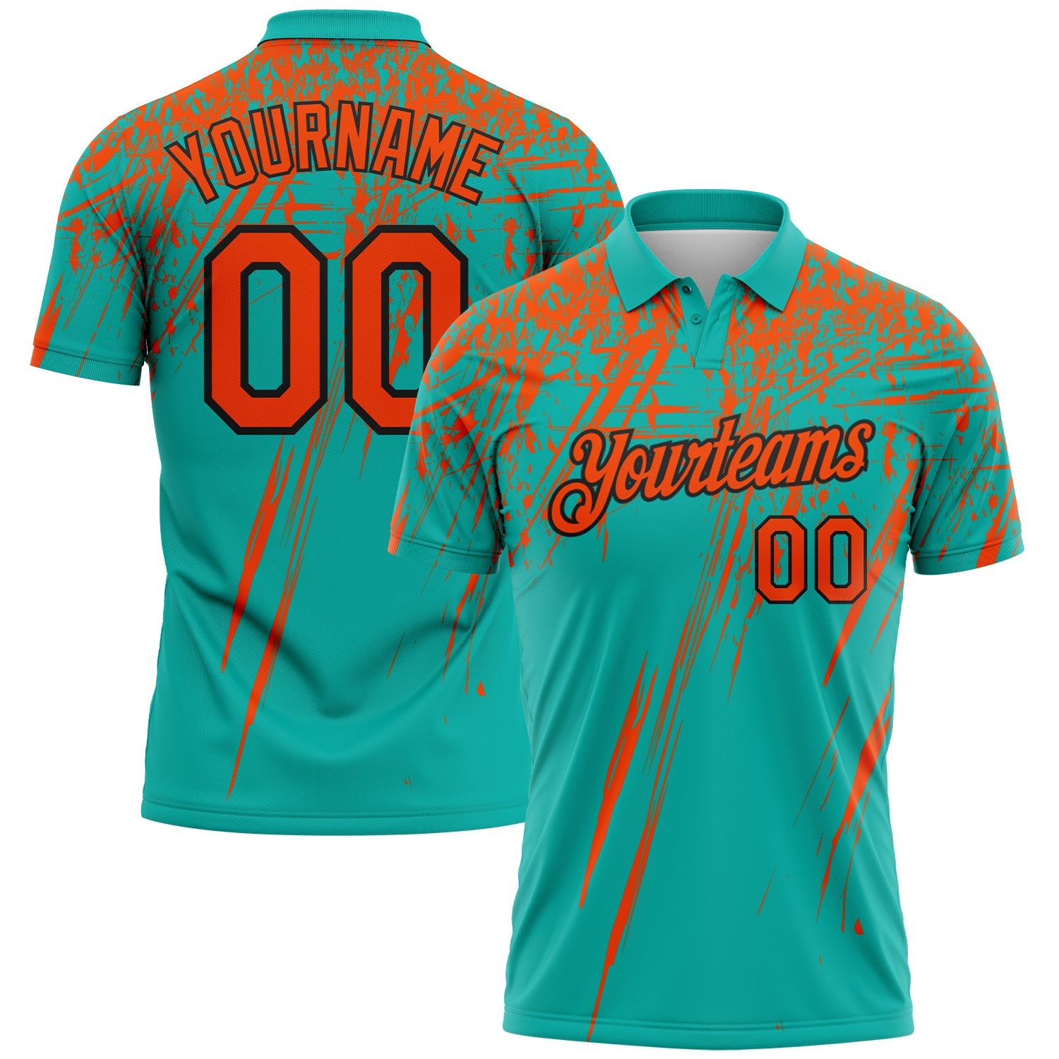 Custom Aqua Orange-Black Distressed Scratch Brush Stroke Performance Polo Shirt - Main View