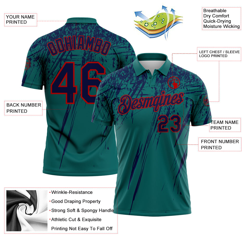 Custom Teal Navy-Red Distressed Scratch Brush Stroke Performance Polo Shirt view 3