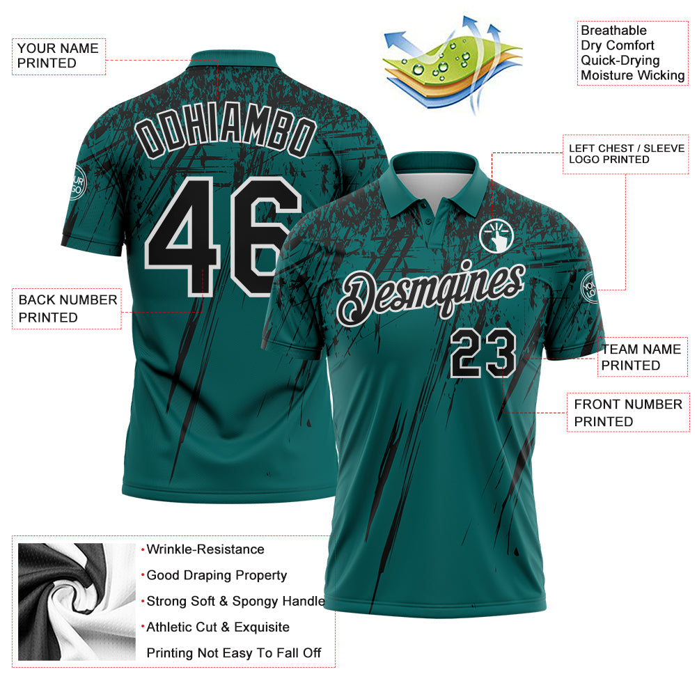 Custom Teal Black-White Distressed Scratch Brush Stroke Performance Polo Shirt view 3