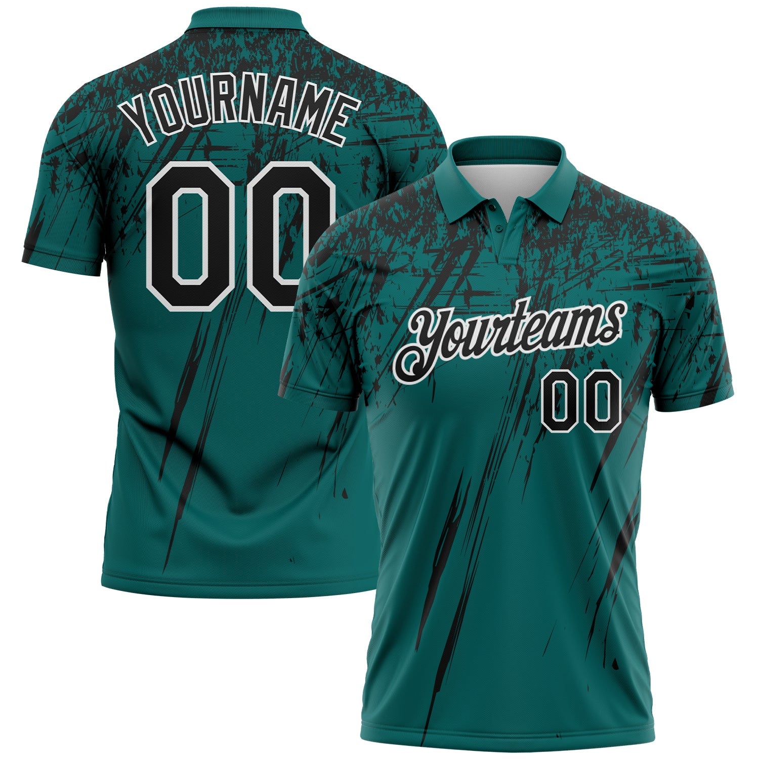 Custom Teal Black-White Distressed Scratch Brush Stroke Performance Polo Shirt - Main View