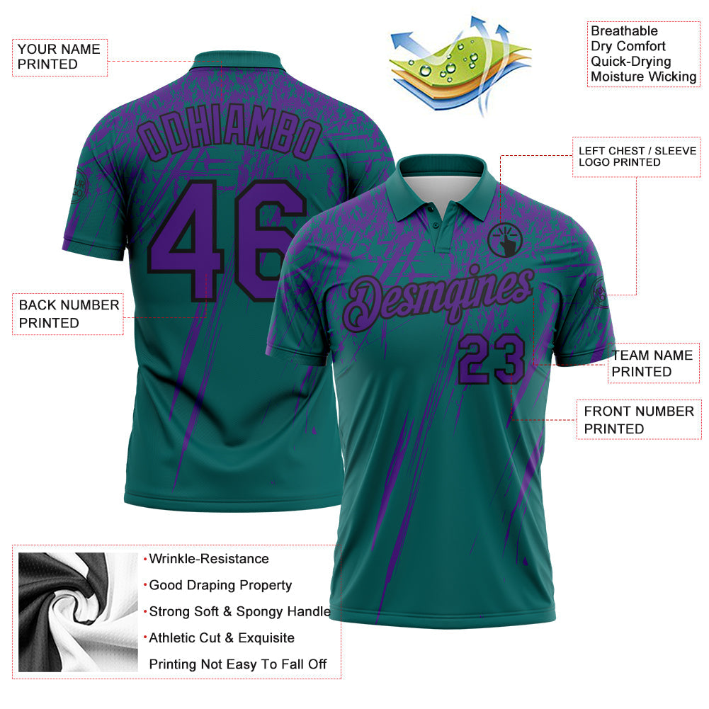 Custom Teal Purple-Black Distressed Scratch Brush Stroke Performance Polo Shirt view 3
