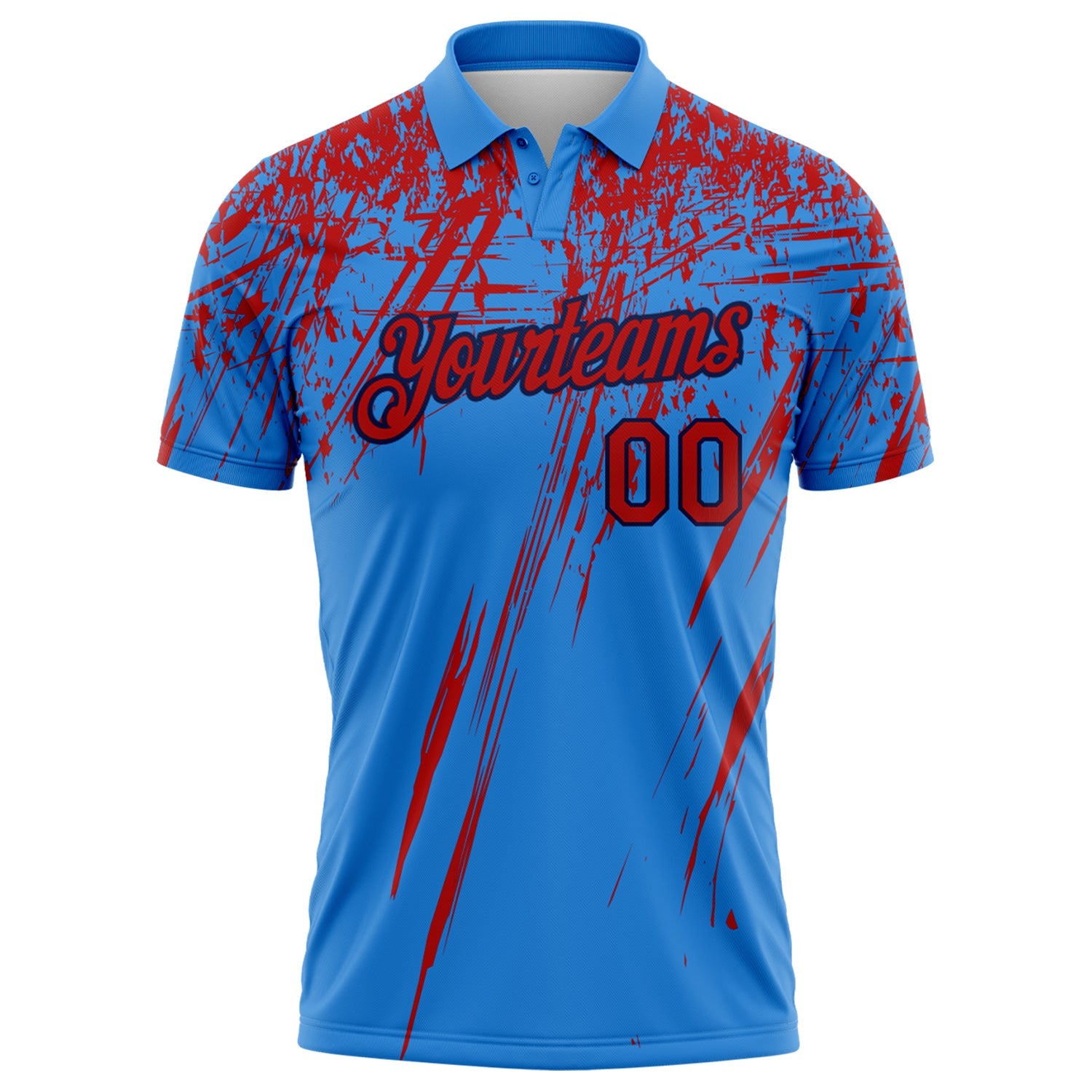Custom Powder Blue Red-Navy Distressed Scratch Brush Stroke Performance Polo Shirt view 2