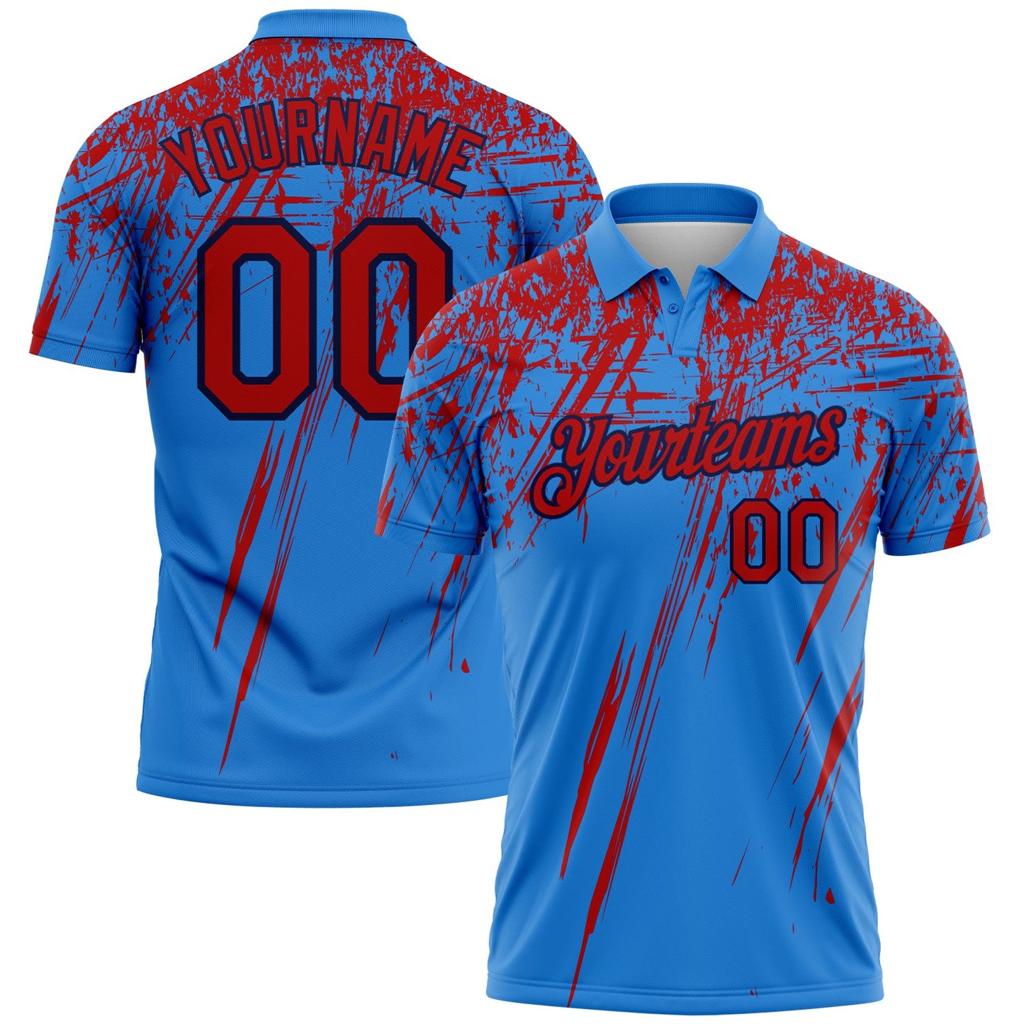 Custom Powder Blue Red-Navy Distressed Scratch Brush Stroke Performance Polo Shirt - Main View
