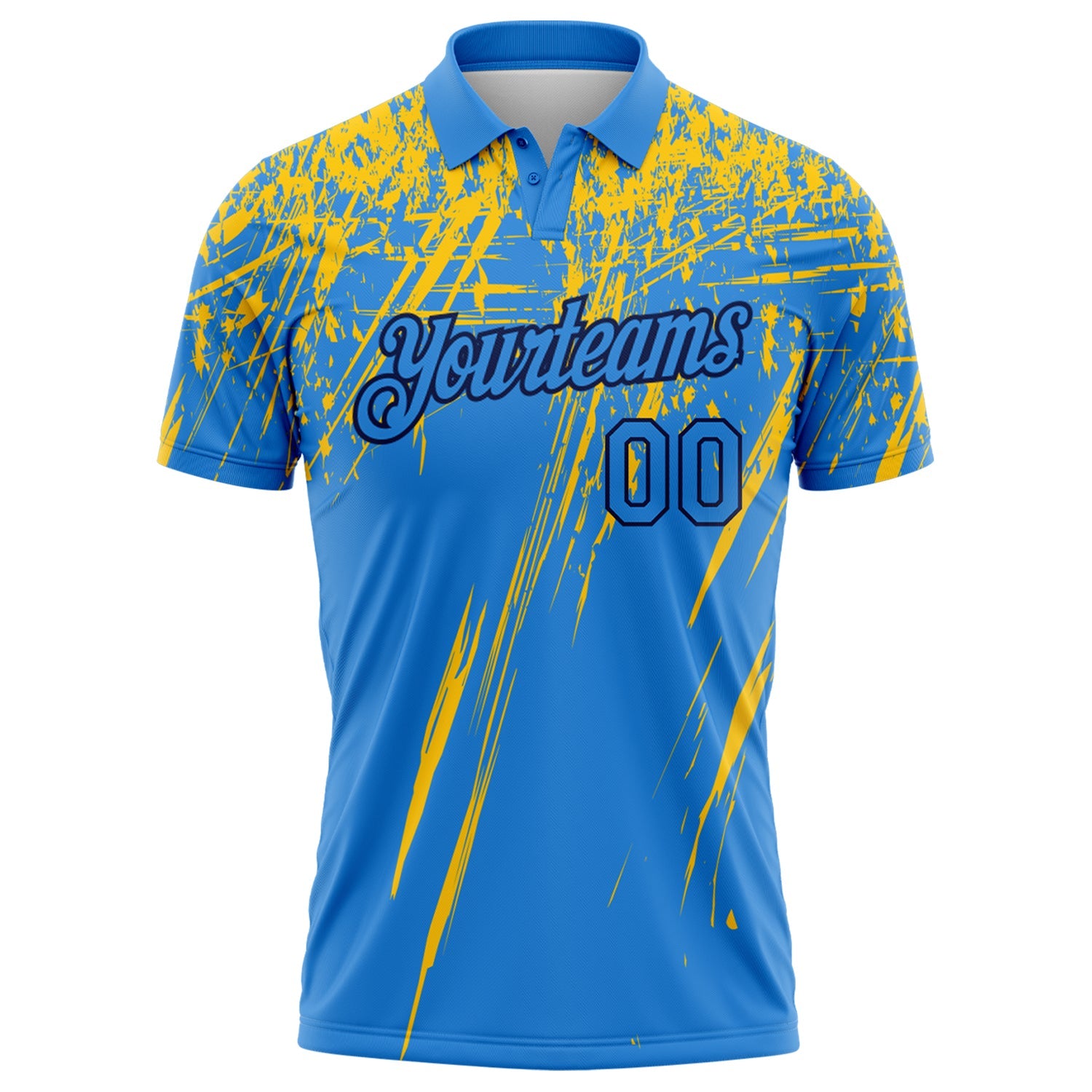 Custom Powder Blue Yellow-Navy Distressed Scratch Brush Stroke Performance Polo Shirt view 2